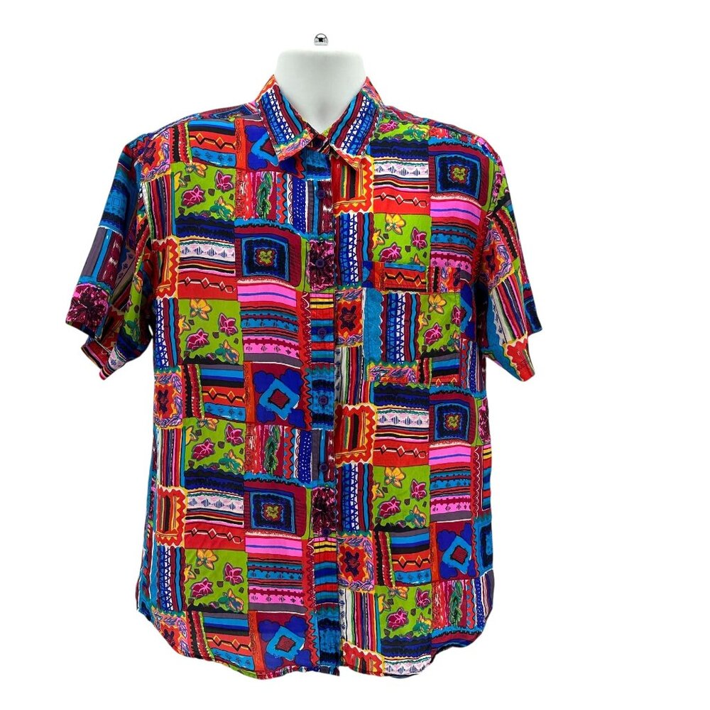 Vintage K Arnold Mens Large Shirt Silk Multicolor Abstract Floral Stripe
